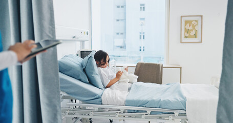 Bed, healthcare and teddy bear with girl in hospital for healing, medical treatment or recovery. Medicare, pediatrics and wellness with child patient in clinic for comfort, recuperation or rest