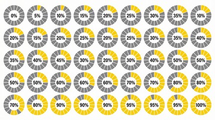 Segmented circular progress bar vector set showing percentage indicators from 0% to 100%, UI dashboard elements for data visualization, analytics, and infographics