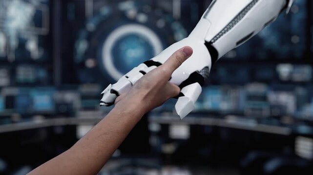 A human hand reaching towards floating AI technology icons, set against a dynamic digital background, symbolizes the integration of innovation and connectivity in a modern control room. Auvana
