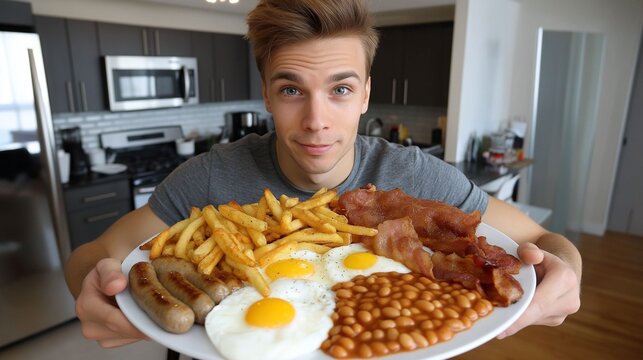 A British man stands proudly at a kitchen table, holding a large platter of traditional breakfast items