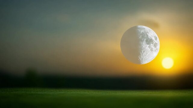 Celestial Dance: A mesmerizing juxtaposition of the moon and sun graces the horizon, painted in hues of gold and silver against the vast canvas of the sky.