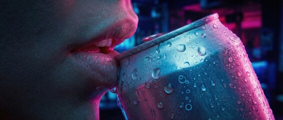 Close-up of lips and cold beverage can with neon lighting