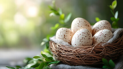 Fototapeta premium Speckled eggs in a small nest surrounded by green leaves on a sunny day