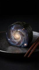 Cosmic sushi roll: galaxy enveloped in seaweed on dark plate with chopsticks