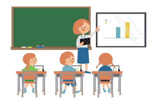 教室でタブレットを使用した授業を受ける生徒　イラスト素材