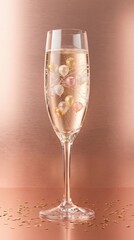 Elegant champagne glass with bubbles and colorful balloon decorations on rose gold background