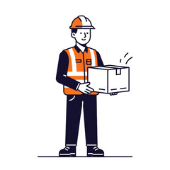 A friendly delivery worker in safety gear carefully carries a box, conveying a sense of reliability and professionalism in logistics and delivery services. The worker's uniform and hard hat emphasize 