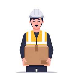 A friendly delivery worker in safety gear carefully carries a box, conveying a sense of reliability and professionalism in logistics and delivery services. The worker's uniform and hard hat emphasize 