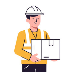 A friendly delivery worker in safety gear carefully carries a box, conveying a sense of reliability and professionalism in logistics and delivery services. The worker's uniform and hard hat emphasize 