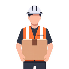 A friendly delivery worker in safety gear carefully carries a box, conveying a sense of reliability and professionalism in logistics and delivery services. The worker's uniform and hard hat emphasize 