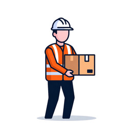 A friendly delivery worker in safety gear carefully carries a box, conveying a sense of reliability and professionalism in logistics and delivery services. The worker's uniform and hard hat emphasize 
