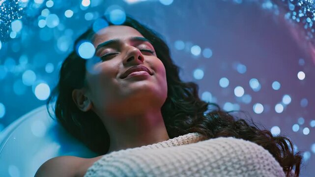 Serene woman in calming environment, Tranquil female reclines in soothing sensory wellness space, Woman rests peacefully in modern spa with soft lighting and tranquil atmosphere