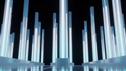 Obraz premium This futuristic abstract image features tall glowing pillars in white and blue tones, representing digital infrastructure, data centers, and advanced technology frameworks. The vertical elements symbo