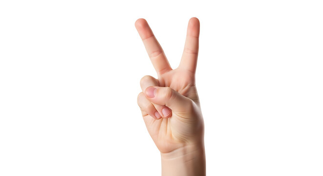 Hand showing the peace sign with two fingers up in the air, close up against a white background