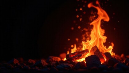 Fototapeta premium Glowing embers burst, fiery sparks against black , abstract, design