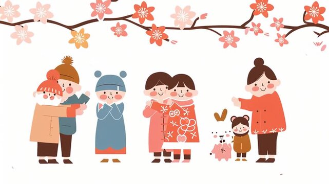 Cute illustration of diverse groups of people embracing under cherry blossoms, symbolizing warmth, family, and friendship.