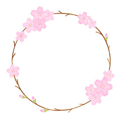 桜の手描き水彩の丸フレーム　春・和風・背景素材