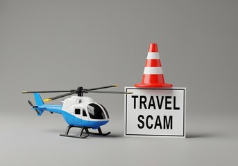 Toy helicopter placed beside a travel scam warning sign and traffic cone, highlighting tourist fraud risks, fake travel services, online booking deception, financial loss prevention, and safe travel 