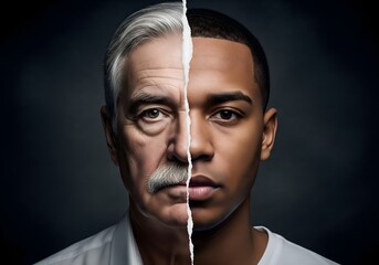Split portrait showing a young man and an older man merged into one face, representing aging, time, identity, life stages, generational contrast, personal growth, human transformation, and the passage