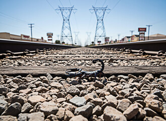 Scorpion Crawling on Railroad Tracks with Power Lines in the Background