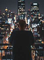 Man Looking Out Over City Skyline at Night From Balcony