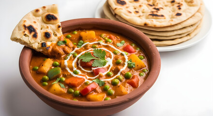 Ethnic Vegetarian Curry Dish with Chapati Isolated on White