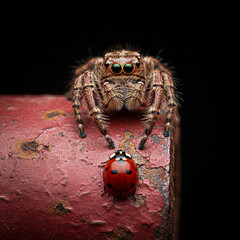 Jumping Spider Staring Down Ladybug on Rusty Red Surface Macro Shot