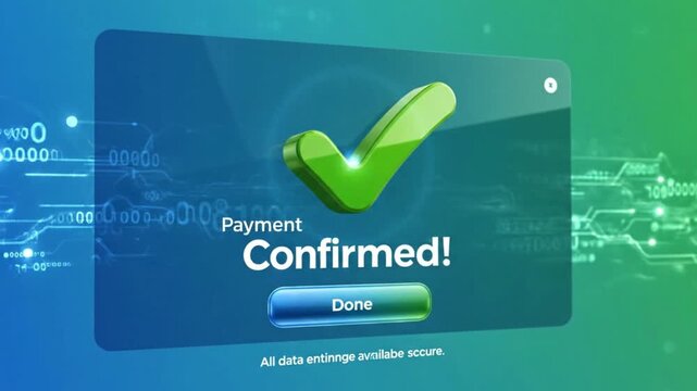 Digital payment confirmed with a green checkmark on a secure interface. Modern technology for online transactions and financial security.