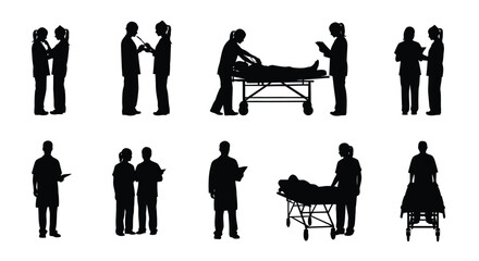 Silhouettes of medical personnel assisting patients in various scenarios © freelancer