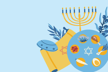 Passover greeting background with seder plate, menorah and olives, torus. Vector cartoon flat illustration with empty place for text. Happy Passover background.