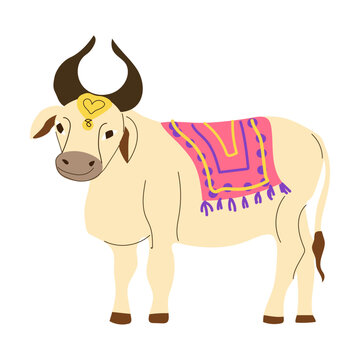 Vector illustration of the sacred Hindu cow Kamdhenu. Indian traditional animal.
