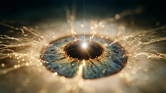 Macro Extreme Close-Up of a Human Eye with Fiery Sparks and Light Trails, Cinematic 4K Footage