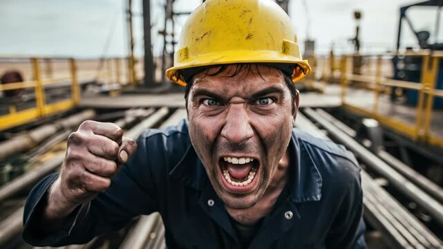 Angry and stressed middle aged male construction worker in yellow hard hat and blue uniform shouting at industrial site