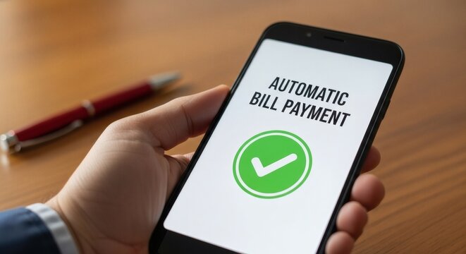 Auto Bill Pay Mobile Banking Simplifies Financial Life on Wood Tabletop.