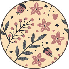 Floral Berry Pattern with Stars and Hearts on Cream Background, Circular Design