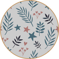 Hand-drawn botanical pattern with stars and hearts on light grey background, stock media