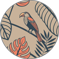 Toucan Perched on Branch with Tropical Leaves, Pattern, Flat Design, Stock Media