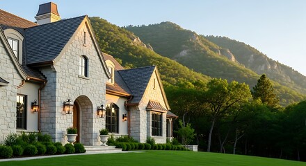A stunning French provincial stone manor sits nestled against a lush mountain range at sunset, featuring elegant copper accents, arched windows, and perfectly manicured landscaping.