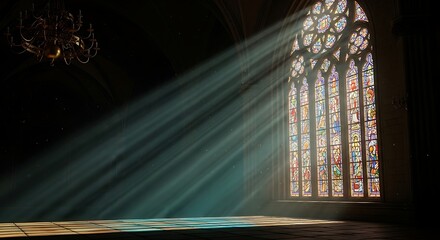 Ethereal rays of light pierce through a grand gothic stained glass window, illuminating the dark, hallowed interior of a cathedral with a celestial glow and shimmering dust motes.