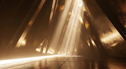 Dramatic rays of light pierce through a dark, angular metallic hallway, creating a sharp contrast between the glowing golden beams and the textured architectural surfaces.