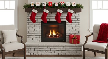 A warm, modern living room scene featuring a brick fireplace decorated with four red stockings, festive greenery, and holiday cards, flanked by two elegant armchairs.