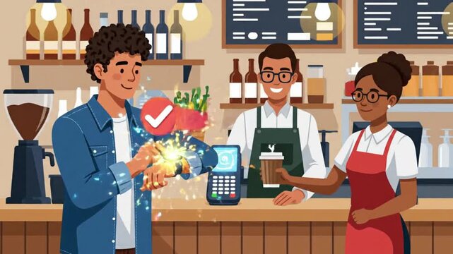 A customer uses a smartwatch for contactless payment at a coffee shop, completing a transaction with a barista. Modern, convenient shopping experience.