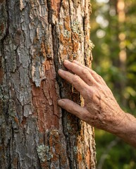 Elderly hand touching tree bark in tranquil forest setting for mindful nature connection