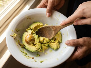 Hands mashing avocado in a bowl with wooden spoon by sunlit window