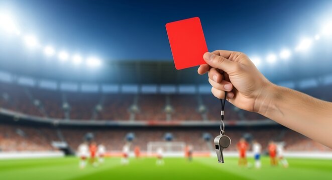 Referee holding a red card and whistle on a soccer field with stadium lights