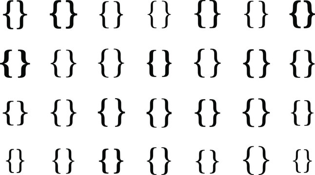 Curly bracket icons for typography, font comparison, programming symbols, graphic design, code elements, isolated vector styles, minimal decorative shapes