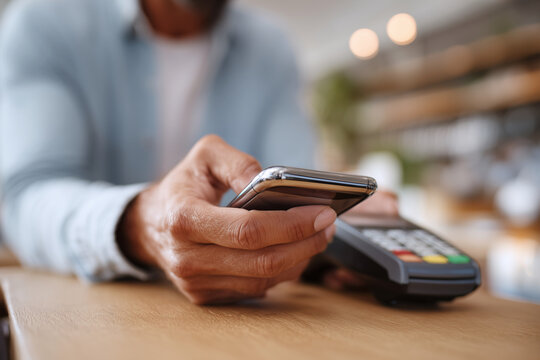 A man is using his cell phone to pay for something at a store