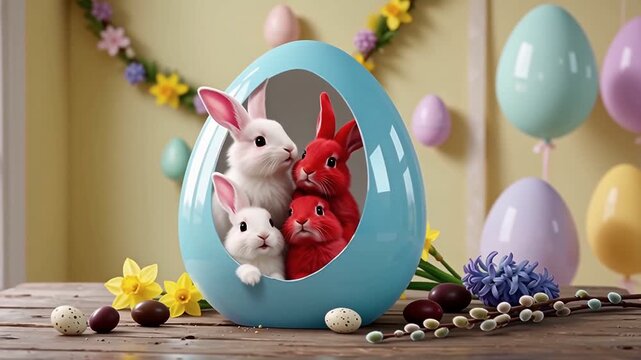 Easter Bunny Characters in Open Egg, Pastel Holiday Background