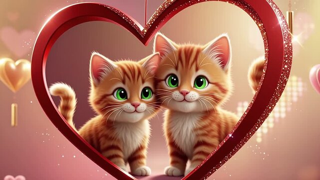 Cute Ginger Kittens in Heart Frame, Valentine&rsquo;s Day Love Illustration