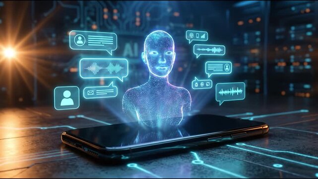 Artificial intelligence hologram virtual assistant smartphone digital interface technology data chatbot voice message futuristic hologram artificial intelligence chatbot smartphone digital assistant